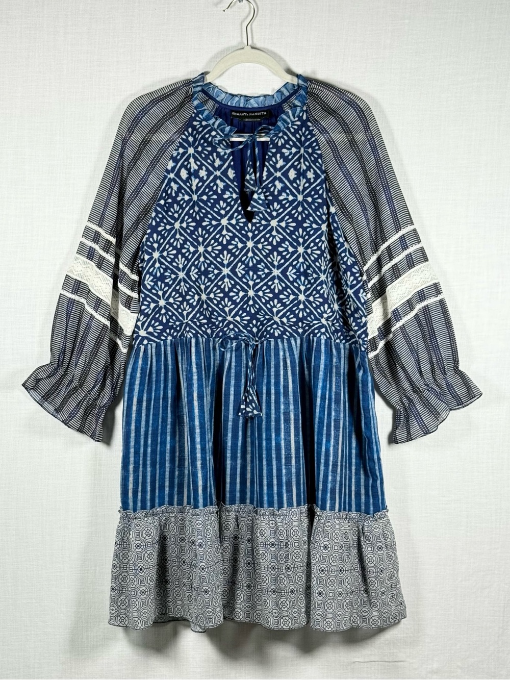 Hemant & Nandita Susan Tunic Dress Blue Tiered Boho Peasant Size L